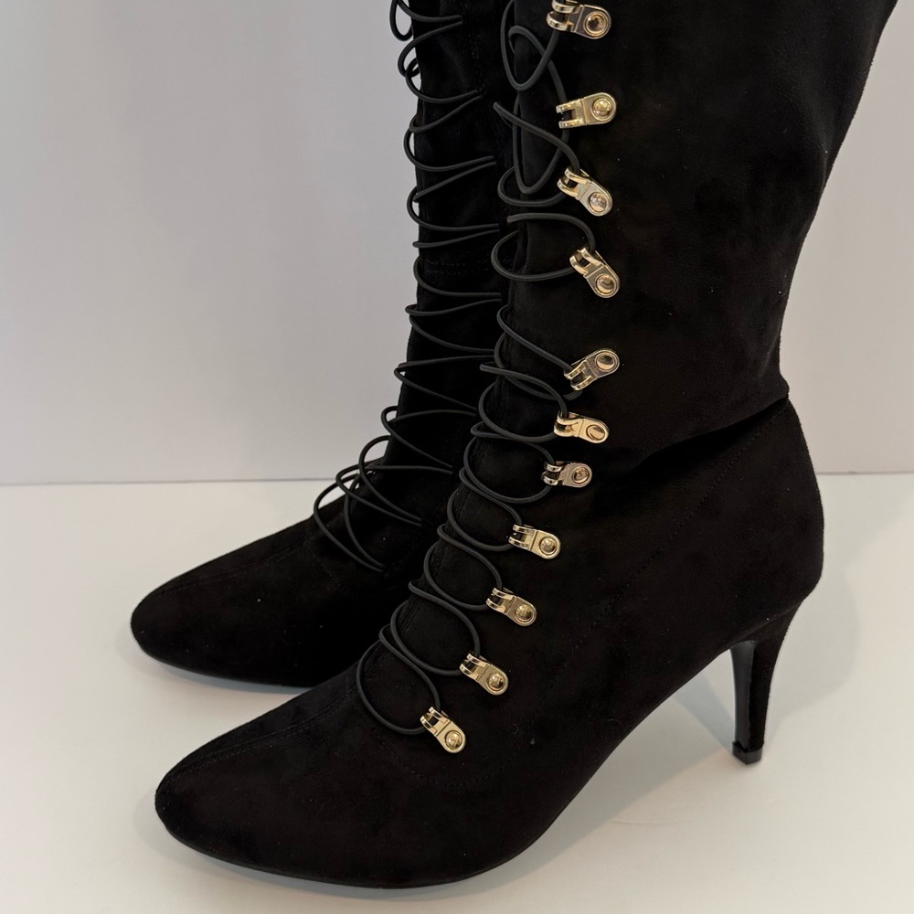 Journee Collection Black Over the Knee Boots with Gold Details - Picture 3 of 9